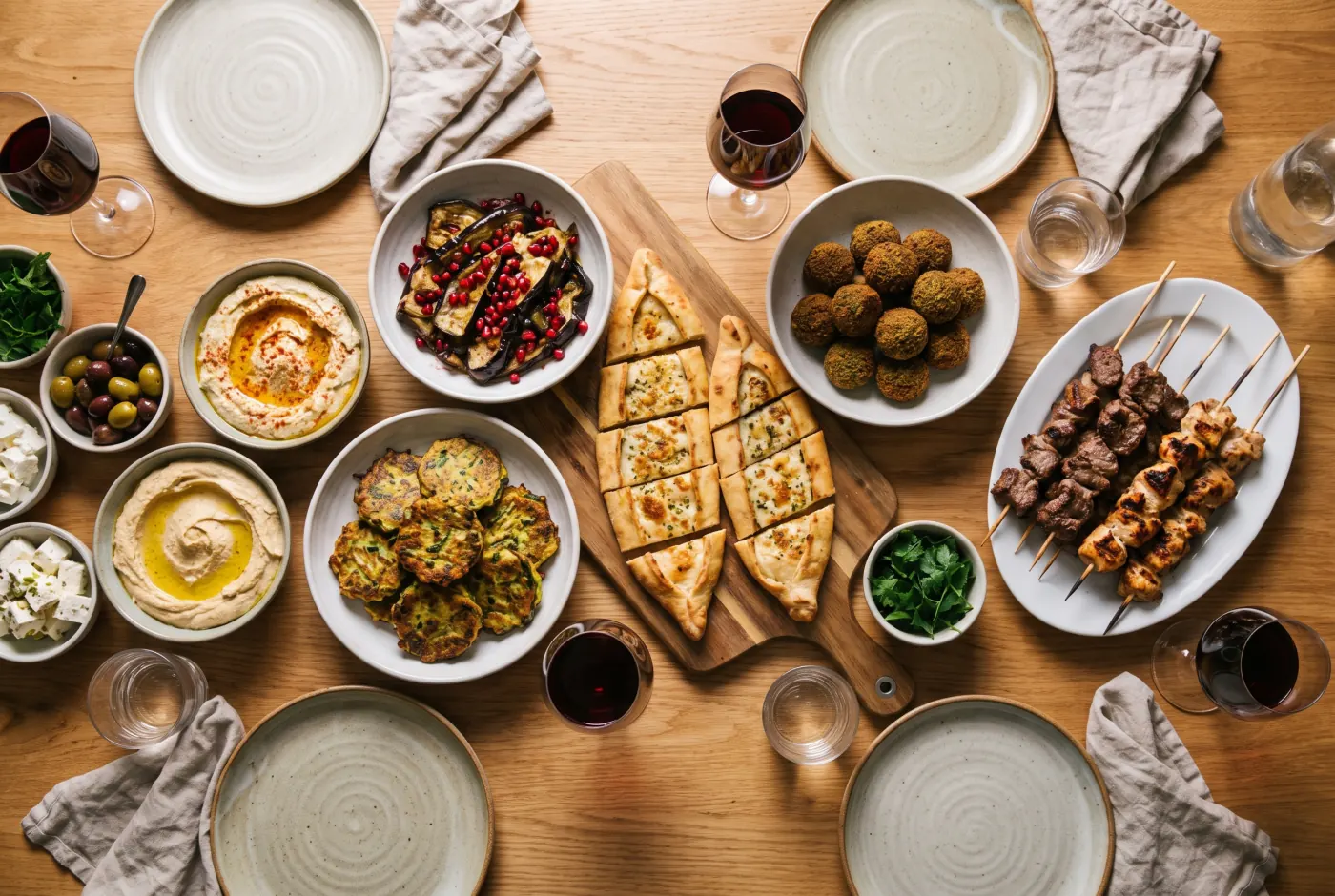 Ahşap masada humus, közlenmiş patlıcan, mücver, pide ve şiş tabakları