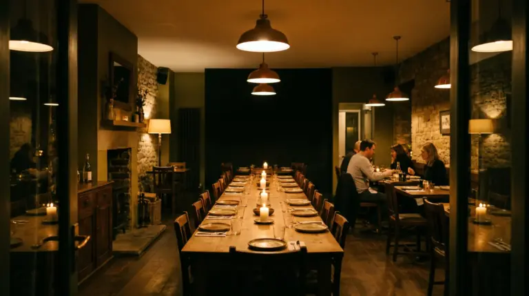Akşam ışıkları altında uzun bistro masası