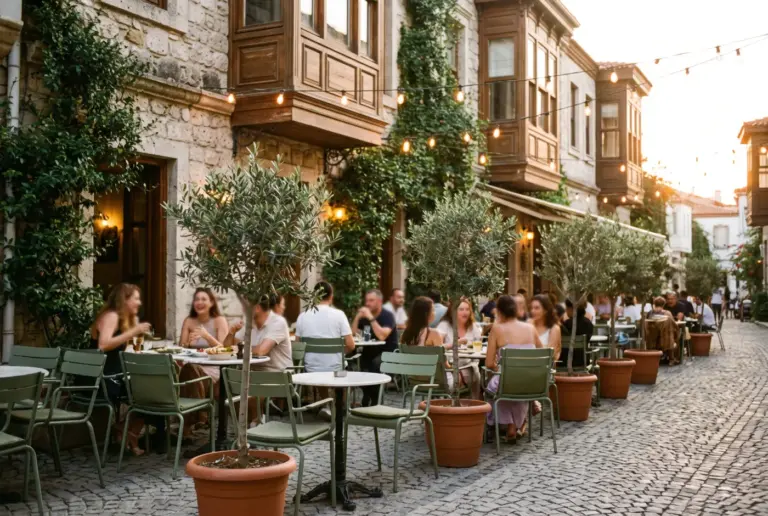 Ağaçlı sokaktaki bistro terası