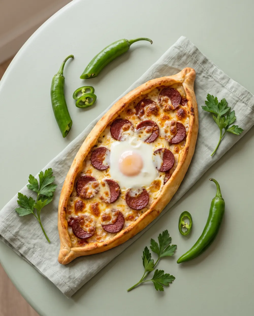 Sucuklu pide, üstten görünüm
